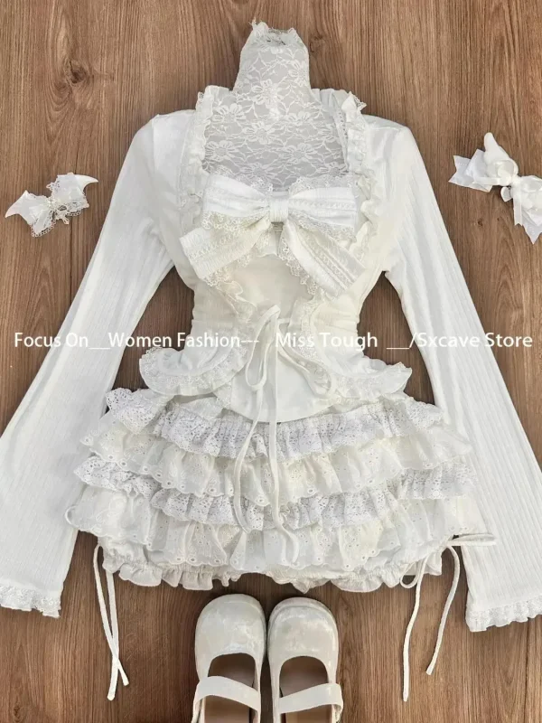 Sweet Lolita Style Sweet 3 Piece Set Woman Slim Ruffles Long Sleeve Cardigan - Image 3