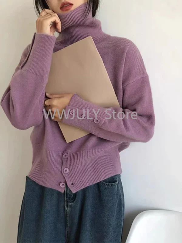 Winter Turtleneck Women's Sweaters Solid Buttons Long Sleeve Casual Knitted - Image 3