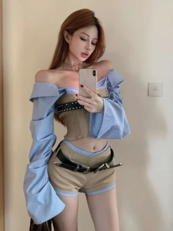 Woman Korean Style Suit Off Shoulder Striped Sexy Shirt