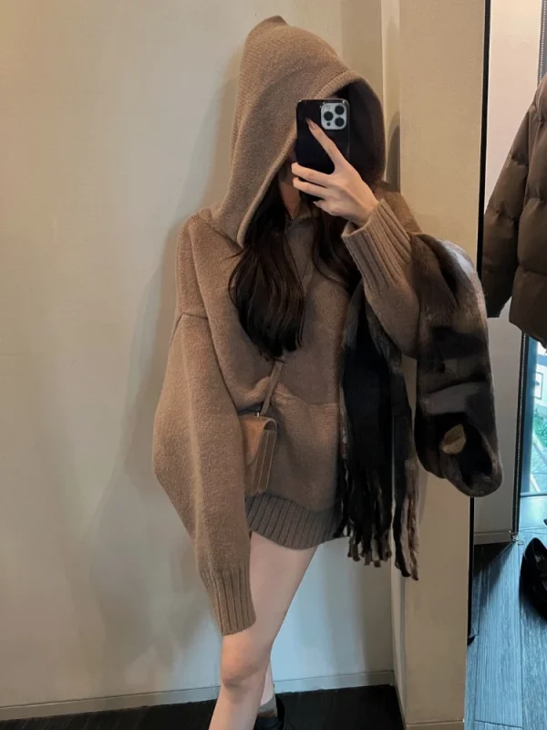 Winter Loose Hooded Clothing Woman Korean Fashion Knitted Sweater - Image 2