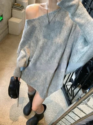 Casual Loose Knitted Sweater Woman Off Shoulder Korean Fashion