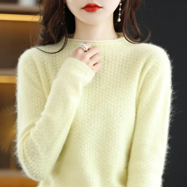 mink cashmere sweater women's O-neck pullover fashion hollow knit - Image 2