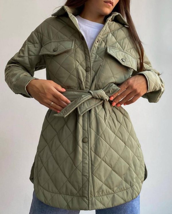 Long Collared Rhombus Padded Coat - Image 3