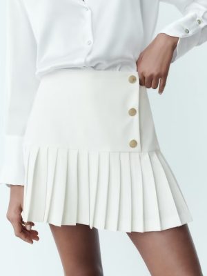 Spring High-Waist Button Pleated Mini Skirt