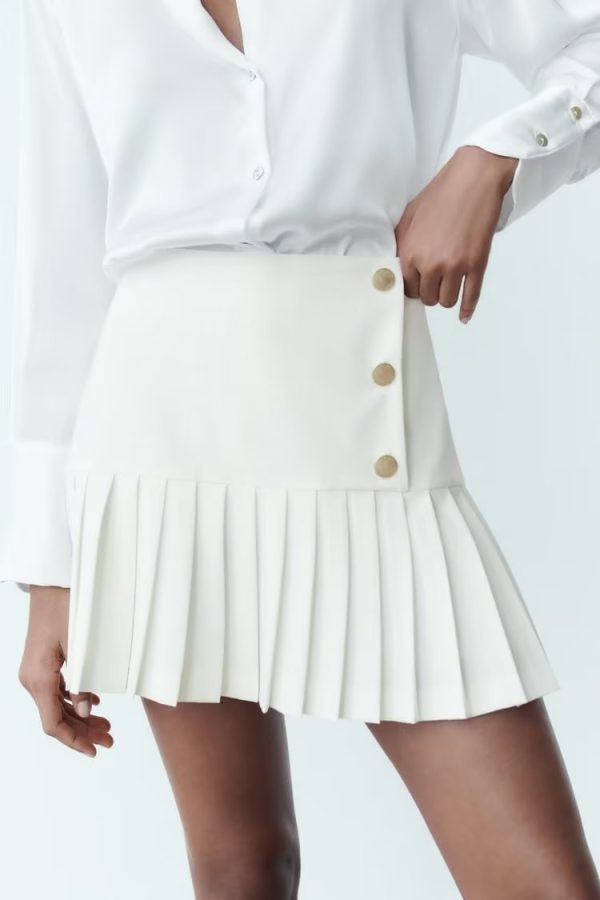 Spring High-Waist Button Pleated Mini Skirt