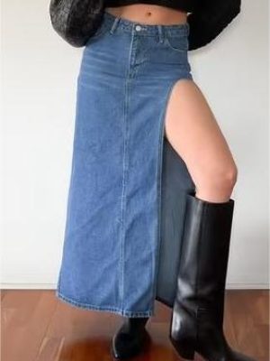 Spring High-Waist Front-Slit Denim Skirt