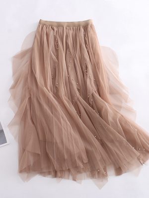 Beaded Layered Tulle A-Line Skirt