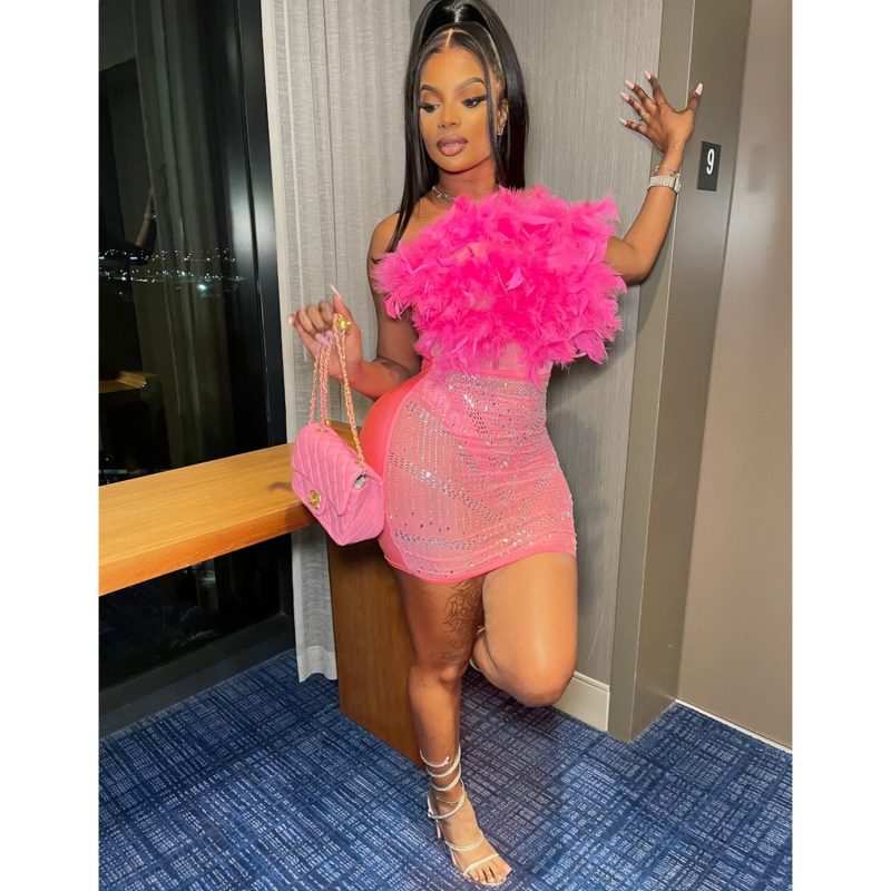 Feather Mesh Strapless Dress