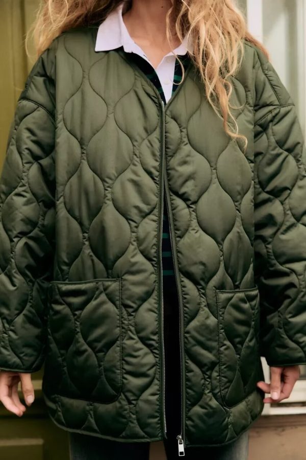 V-Neck Mid-Length Quilted Coat