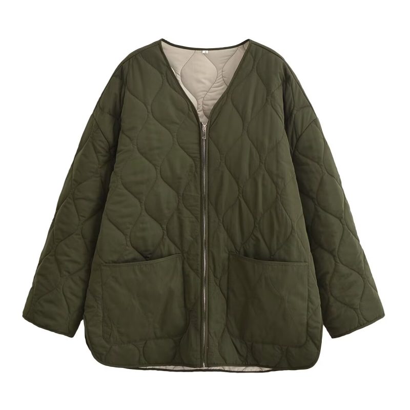 V-Neck Mid-Length Quilted Coat - Image 2