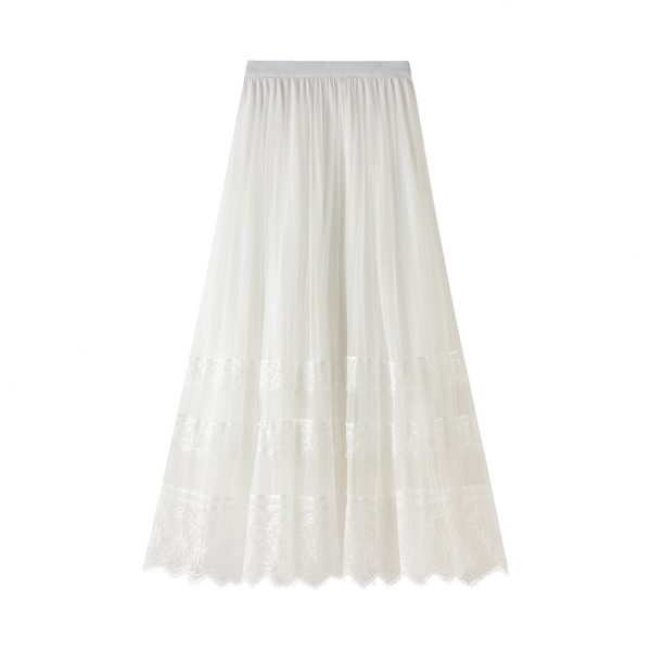 Spring Korean Lace Patchwork Tulle Midi Skirt - Image 4