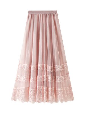 Spring Korean Lace Patchwork Tulle Midi Skirt