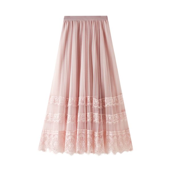 Spring Korean Lace Patchwork Tulle Midi Skirt