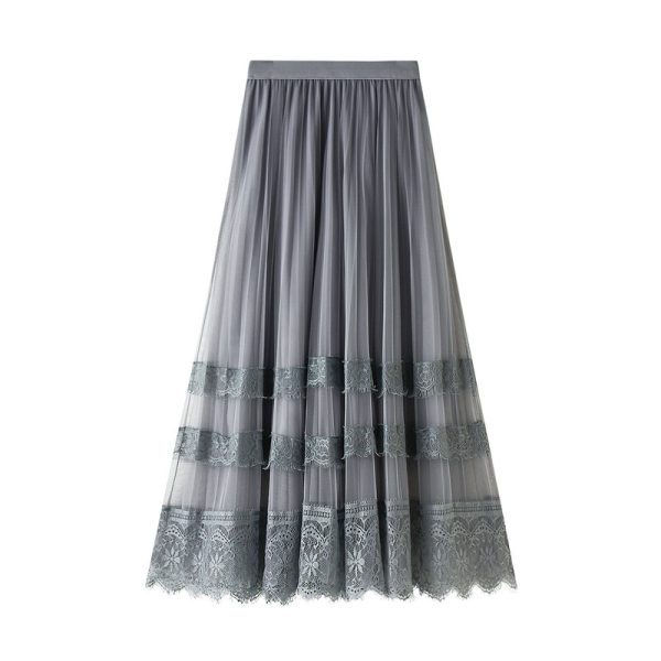 Spring Korean Lace Patchwork Tulle Midi Skirt - Image 3