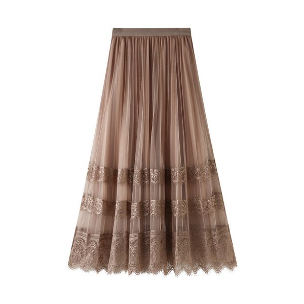 Spring Korean Lace Patchwork Tulle Midi Skirt - Image 2