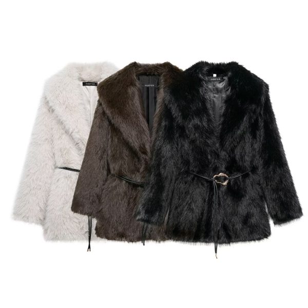 Women's Belted Mid-Length Faux Fur Coat - Image 4