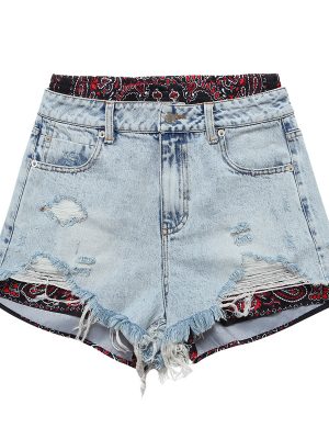 Women’s Floral Stitching Faux Two-Piece Denim Shorts