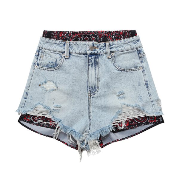 Women's Floral Stitching Faux Two-Piece Denim Shorts