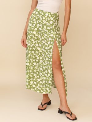 Green Printed Slit Skirt