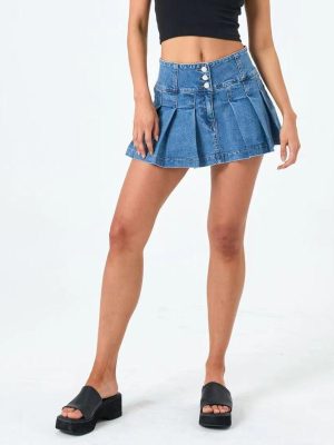 Korean High-Waist Pleated Denim Skirt