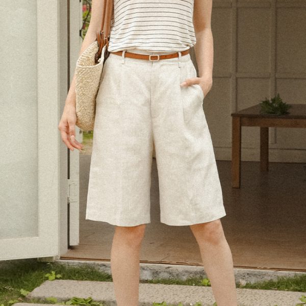 Women's High Waist Linen Bermuda Shorts