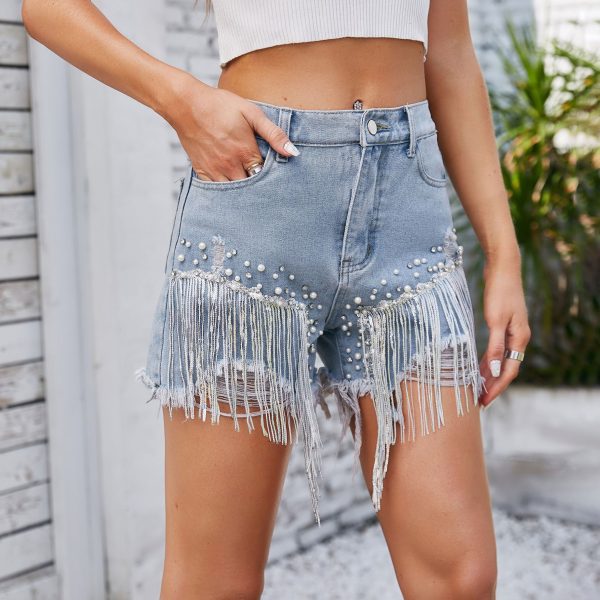 Beaded Tassel Denim Shorts - Image 2