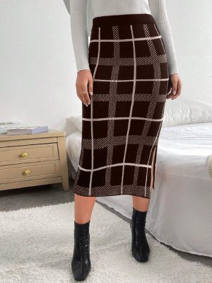 Elastic High-Waist Plaid Slit Skirt