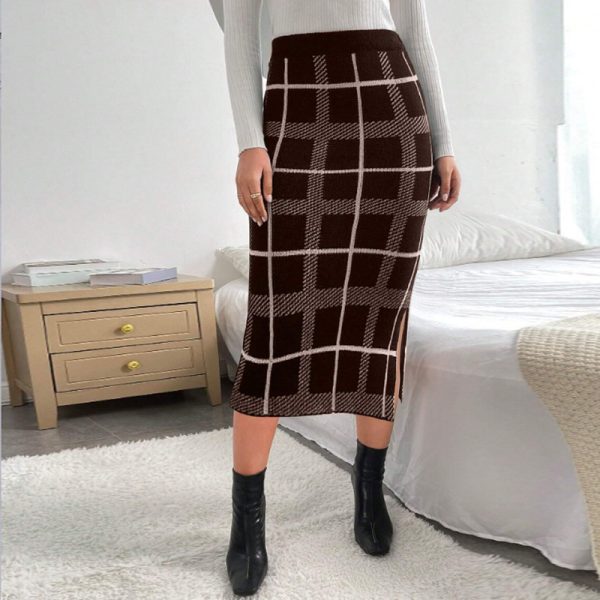 Elastic High-Waist Plaid Slit Skirt