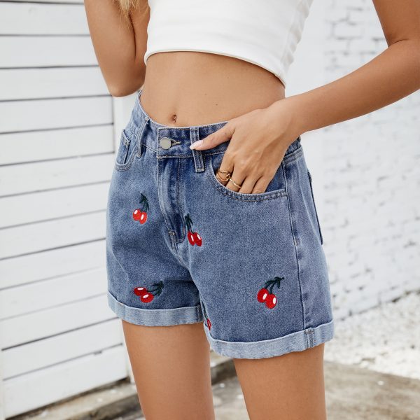 Women's Cherry Embroidered Denim Shorts - Image 3