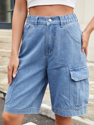 Women’s Trendy Elastic Waist Denim Cargo Shorts