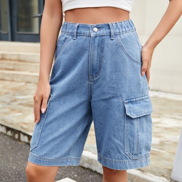 Women's Trendy Elastic Waist Denim Cargo Shorts