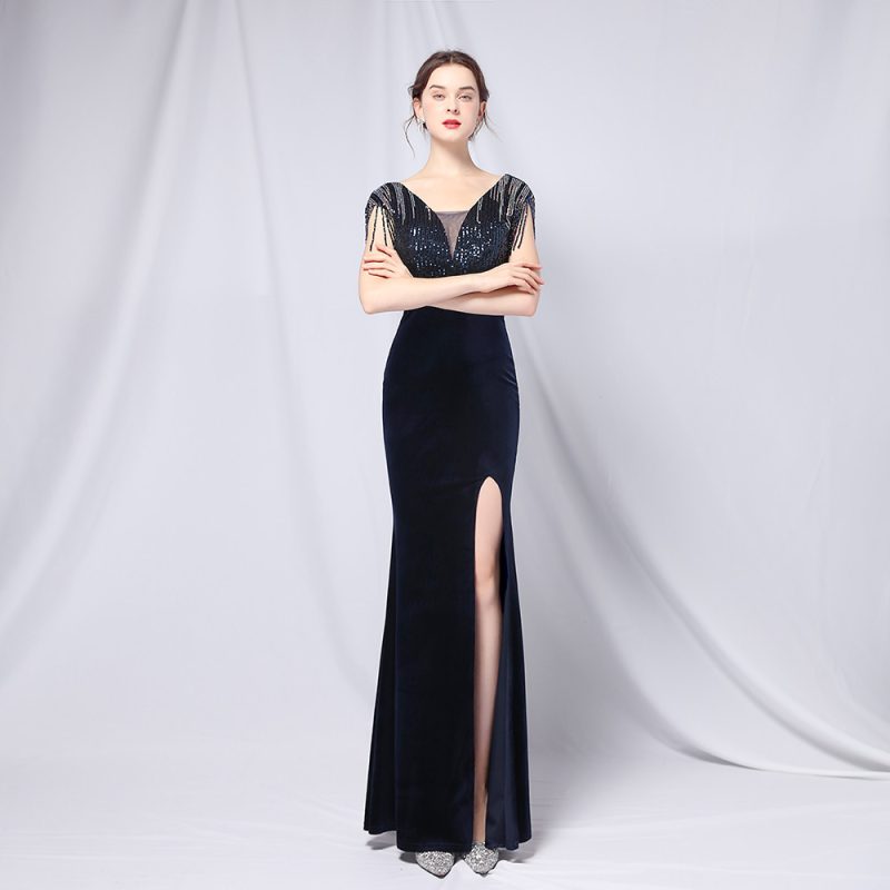 Velvet Gradient Sequin Slit Dress - Image 3