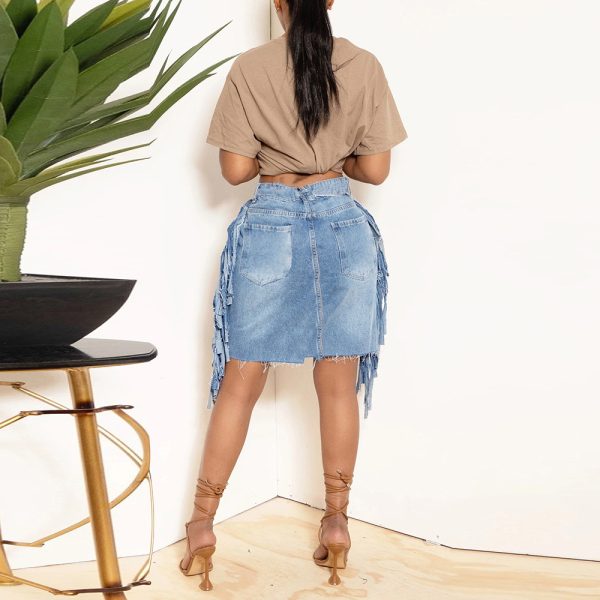 Washed Tassel Tattered Denim Skirt - Image 2