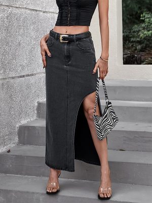 High Waist Slit Denim Skirt