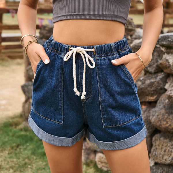 Tied Waist Curling Denim Shorts - Image 2