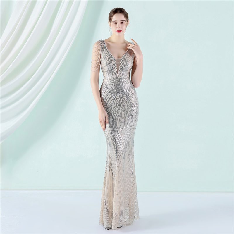 Elegant Floral Sequin Fishtail Gown
