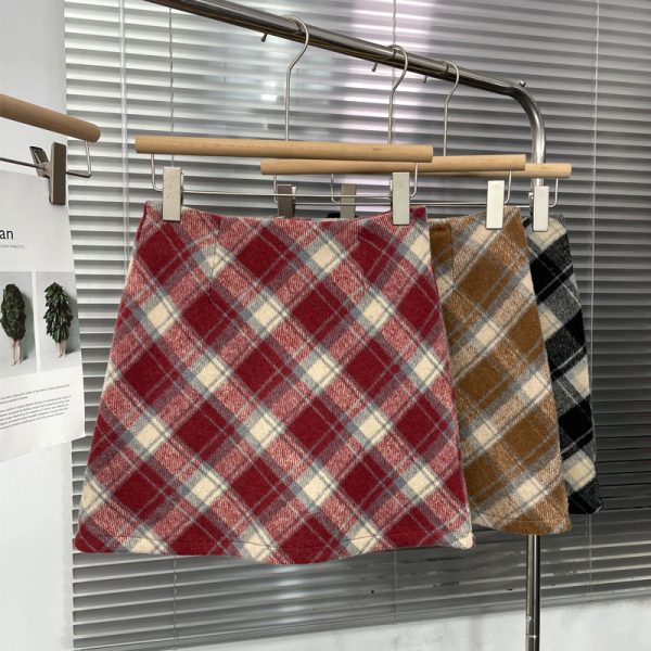 Plaid Woolen High-Waist A-Line Skirt - Image 3