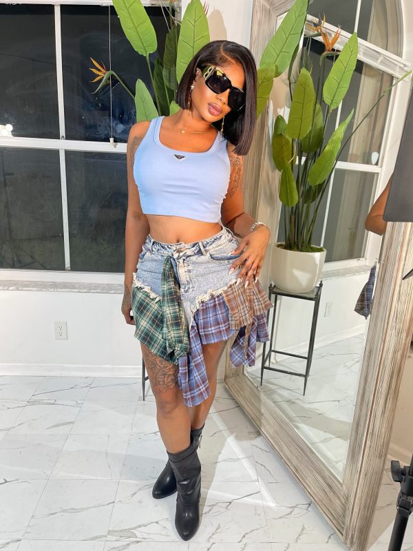 Sexy Asymmetric Plaid Denim Skirt - Image 4