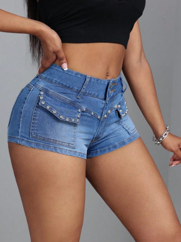 Women's Mid Waist Beaded Denim Shorts - Image 3