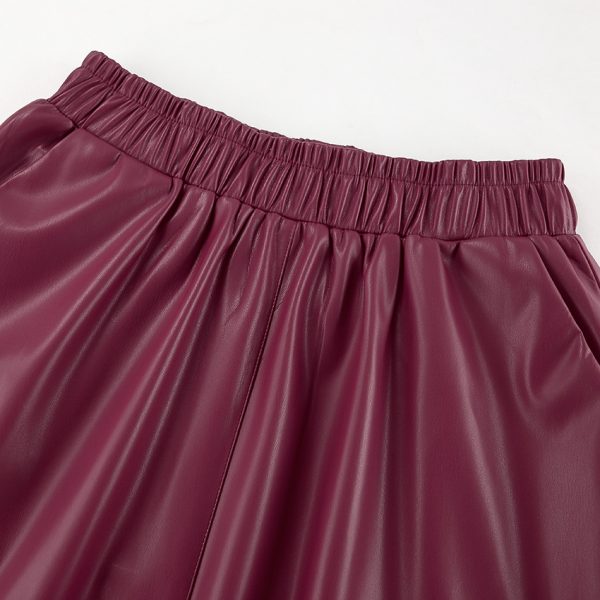 Wine Red Fleece-Lined Leather Skirt - Image 3