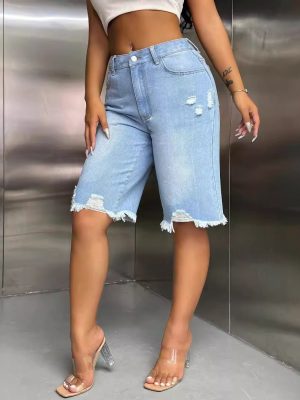 Women’s Wide Leg Raw Hem Denim Shorts