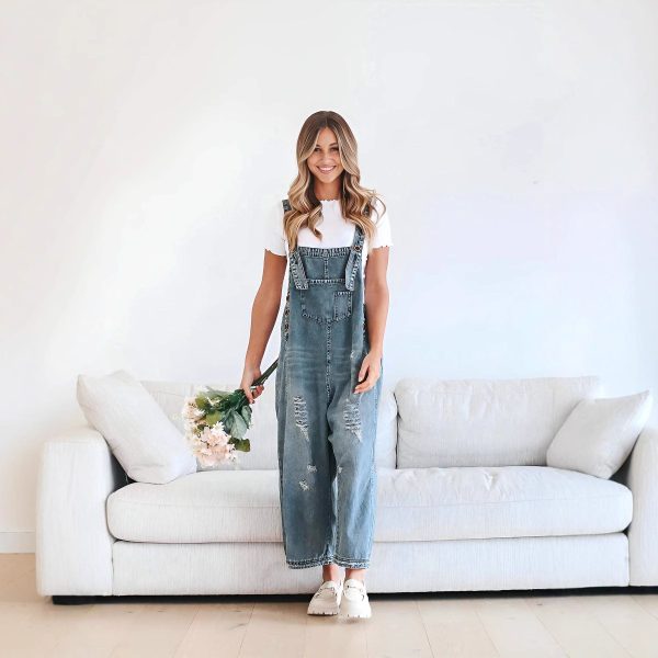 Retro Ripped Wide-Leg Suspender Jeans