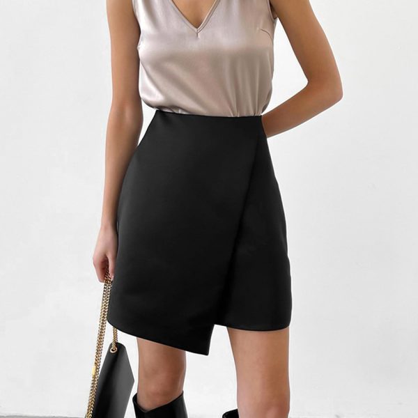 Office Asymmetric Black Satin A-Line Skirt - Image 2