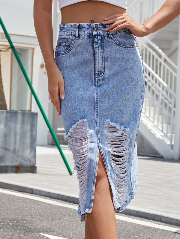 Retro High-Waist Tattered Denim Skirt - Image 4