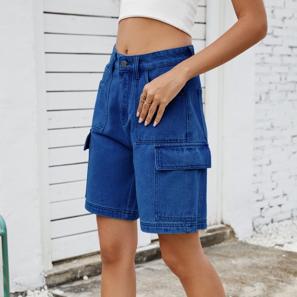 Women's Washed Denim Overall Shorts - Image 3