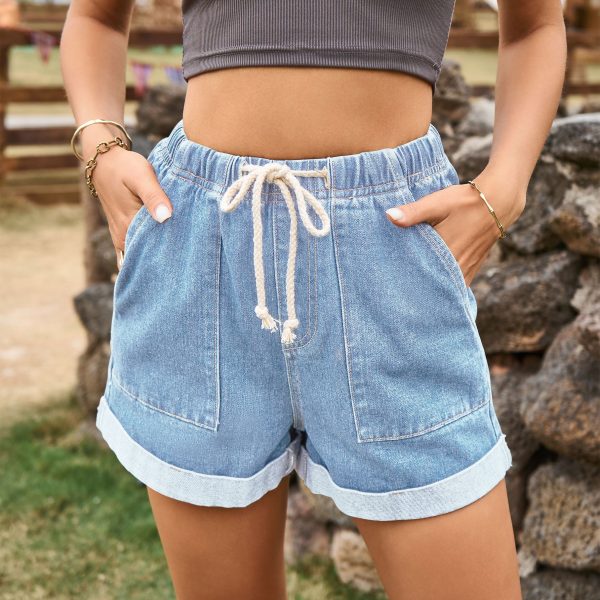 Tied Waist Curling Denim Shorts