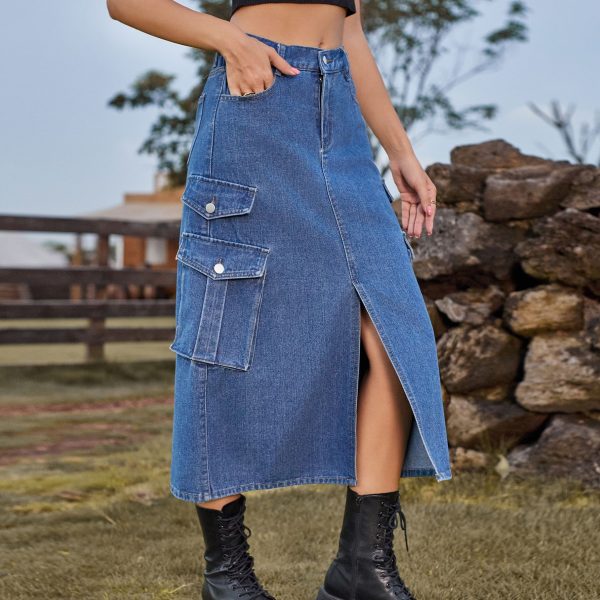 Sexy Elastic Waist Denim Cargo Skirt - Image 2