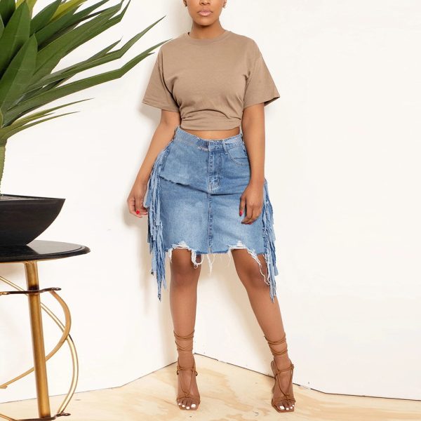 Washed Tassel Tattered Denim Skirt - Image 3