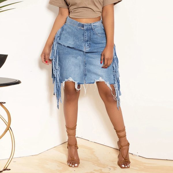 Washed Tassel Tattered Denim Skirt