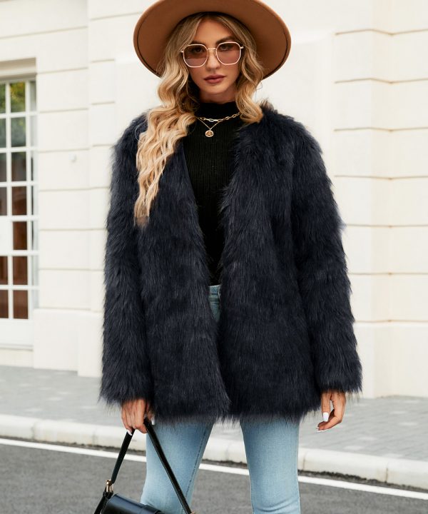 Women's Casual V-Neck Faux Fur Coat - Image 2